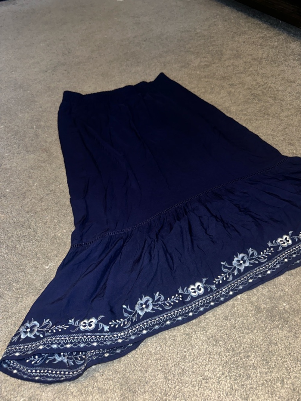 Time and Tru Navy Maxi Skirt with White Embroidered Hem